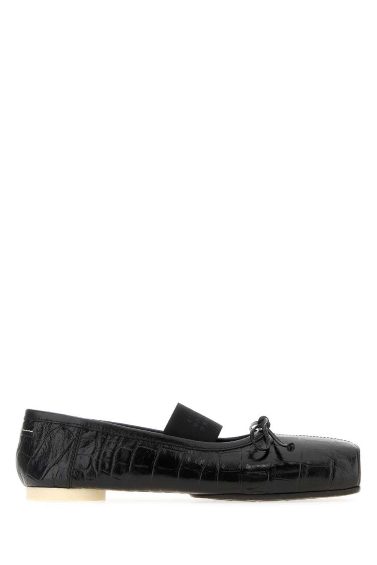 Mm6 By Maison Margiela Square Toe Black Leather Ballerinas With Bow Detail
