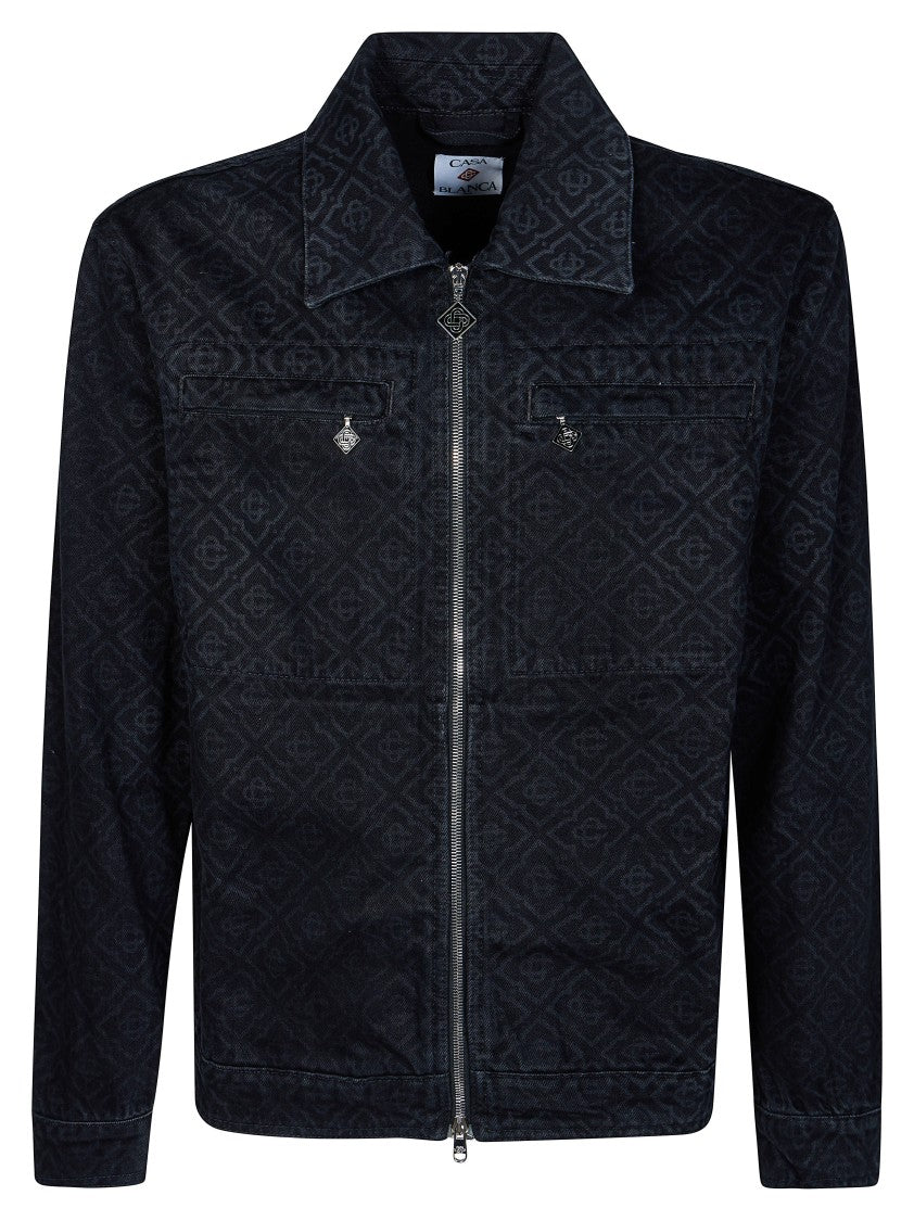 Casablanca Black Zip-Up Denim Jacket With Pattern And Leather Detail