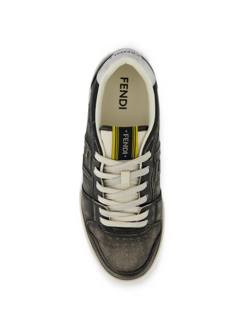 Fendi Distressed Leather Embossed Logo Low-Top Sneakers
