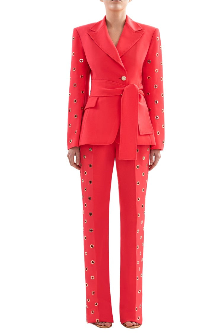 Saiid Kobeisy Coral Metal Ring Crepe Straight-Leg Pants