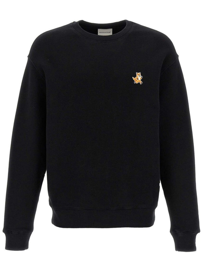 Maison Kitsuné Long-Sleeve Black Crewneck With Embroidered Fox Emblem