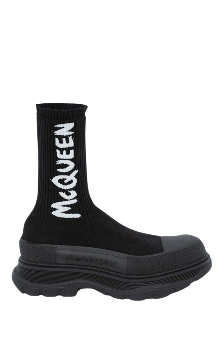 Alexander Mcqueen Graffiti Knit Tread Slick Boot In Black/White
