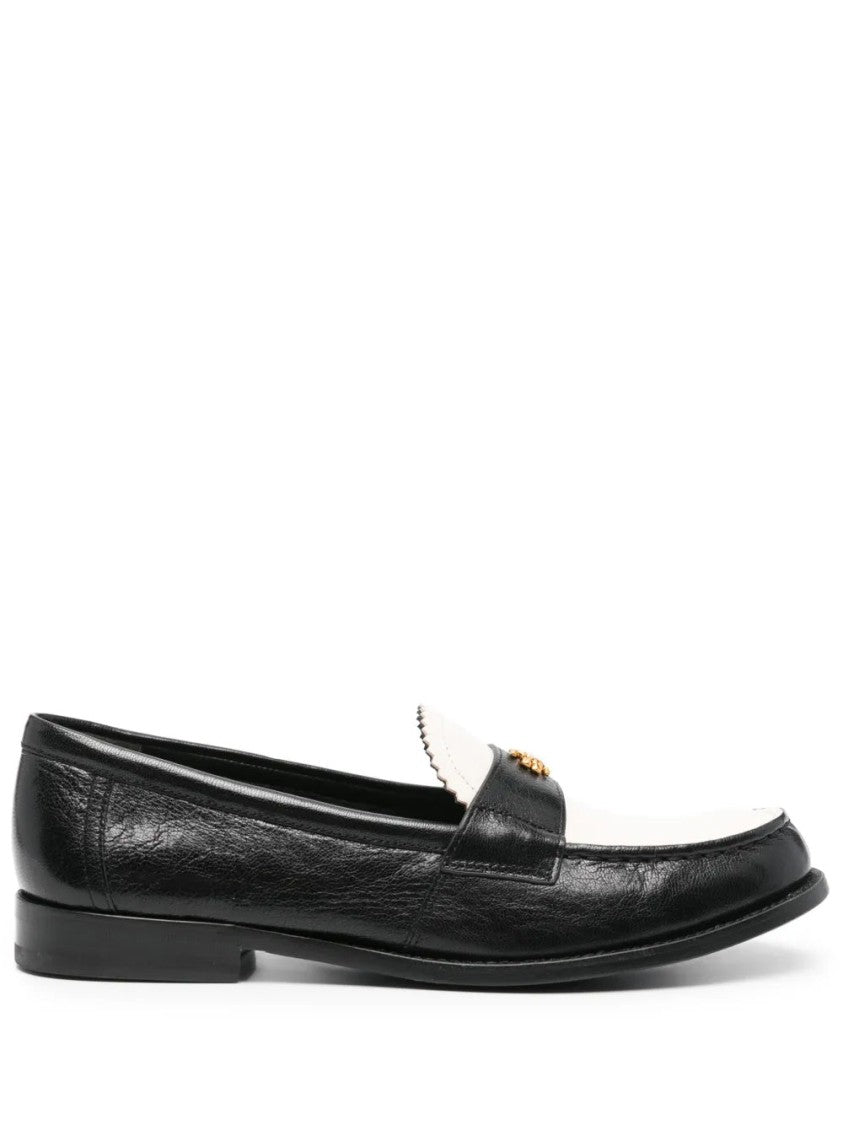 Tory Burch Black Leather Loafers With Decorative Emblem