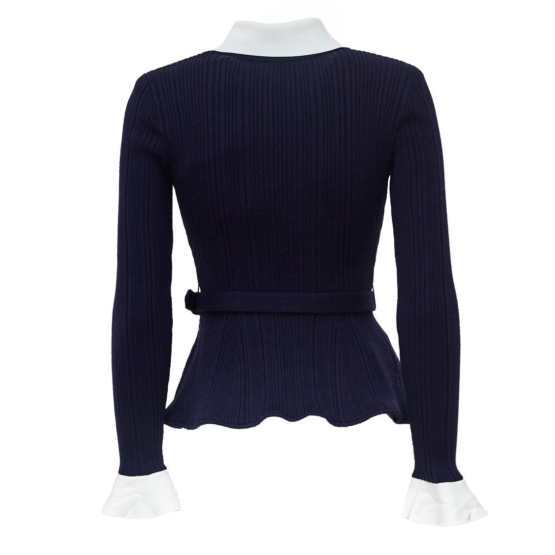 Self-Portrait Ribbed Knit Cardigan With Contrasting Collar And Pearl-Embellished Belt