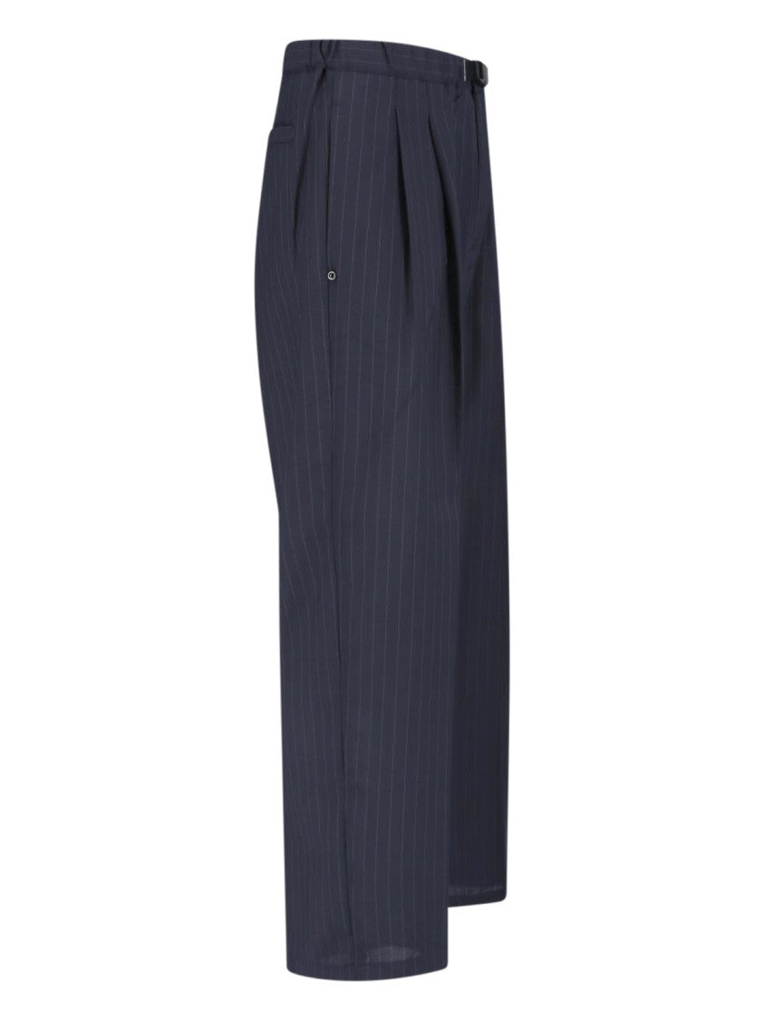 White Sand Black Pinstripe Straight-Leg Wool Trousers