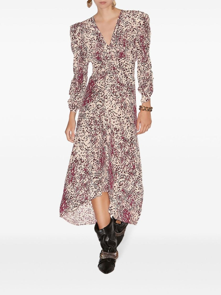 Isabel Marant Deep V-Neck Midi Dress With Puffed Sleeves And Abstract Print