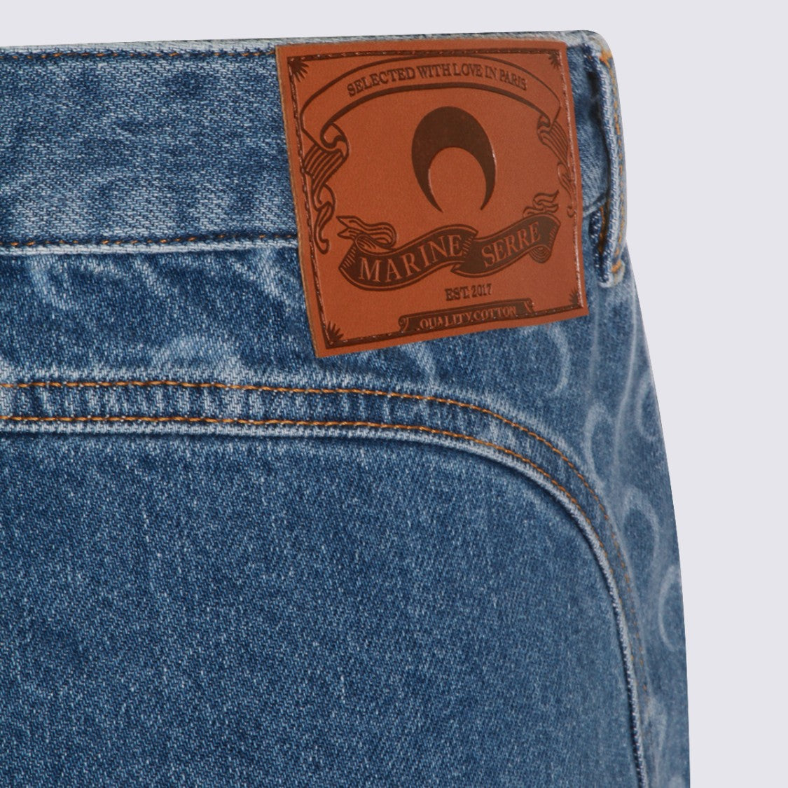 Marine Serre Denim Mini Skirt With Crescent Moon Patterns And Metallic Zippers