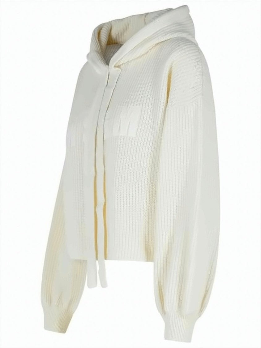 Msgm Cropped Knit Sweater With Hood And Balloon Sleeves