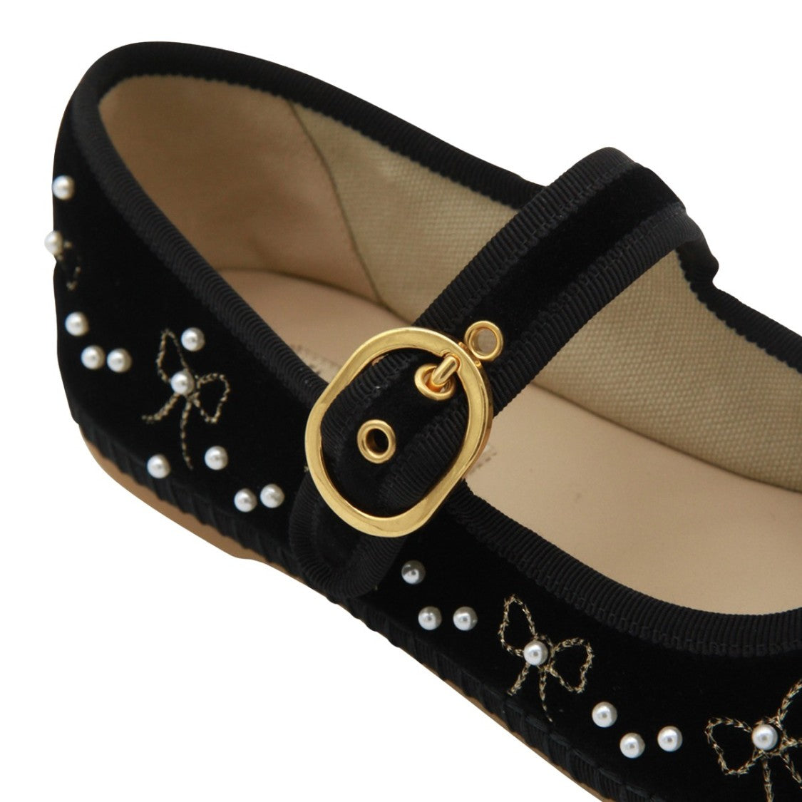 Valentino Garavani Embellished Black Velvet Flats With Pearl Details
