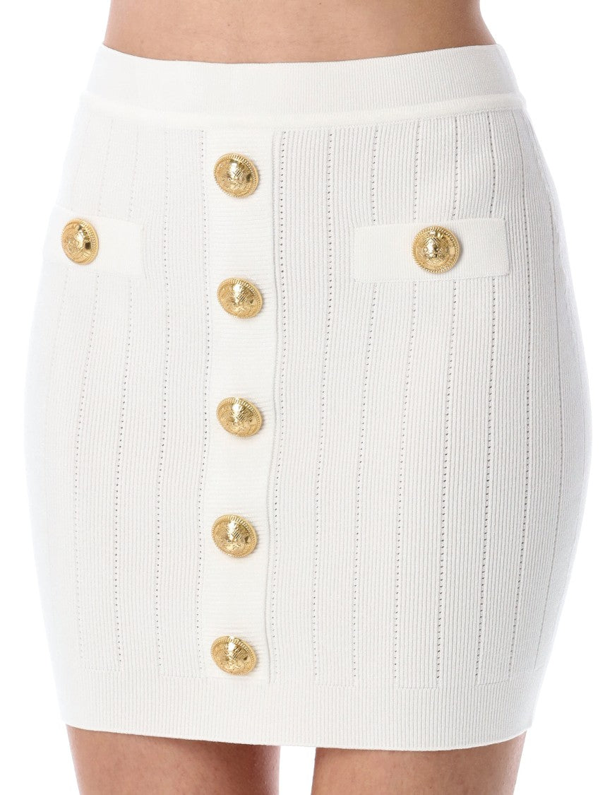 Balmain Fitted White Ribbed Knit Mini Skirt