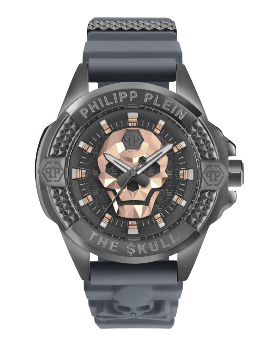 Philipp Plein 44Mm Gunmetal Skull Design Watch With Grey Silicone Strap
