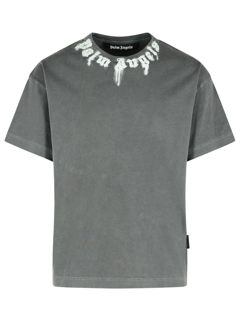 Palm Angels Gradient Gray Cotton T-Shirt With Contrast Print