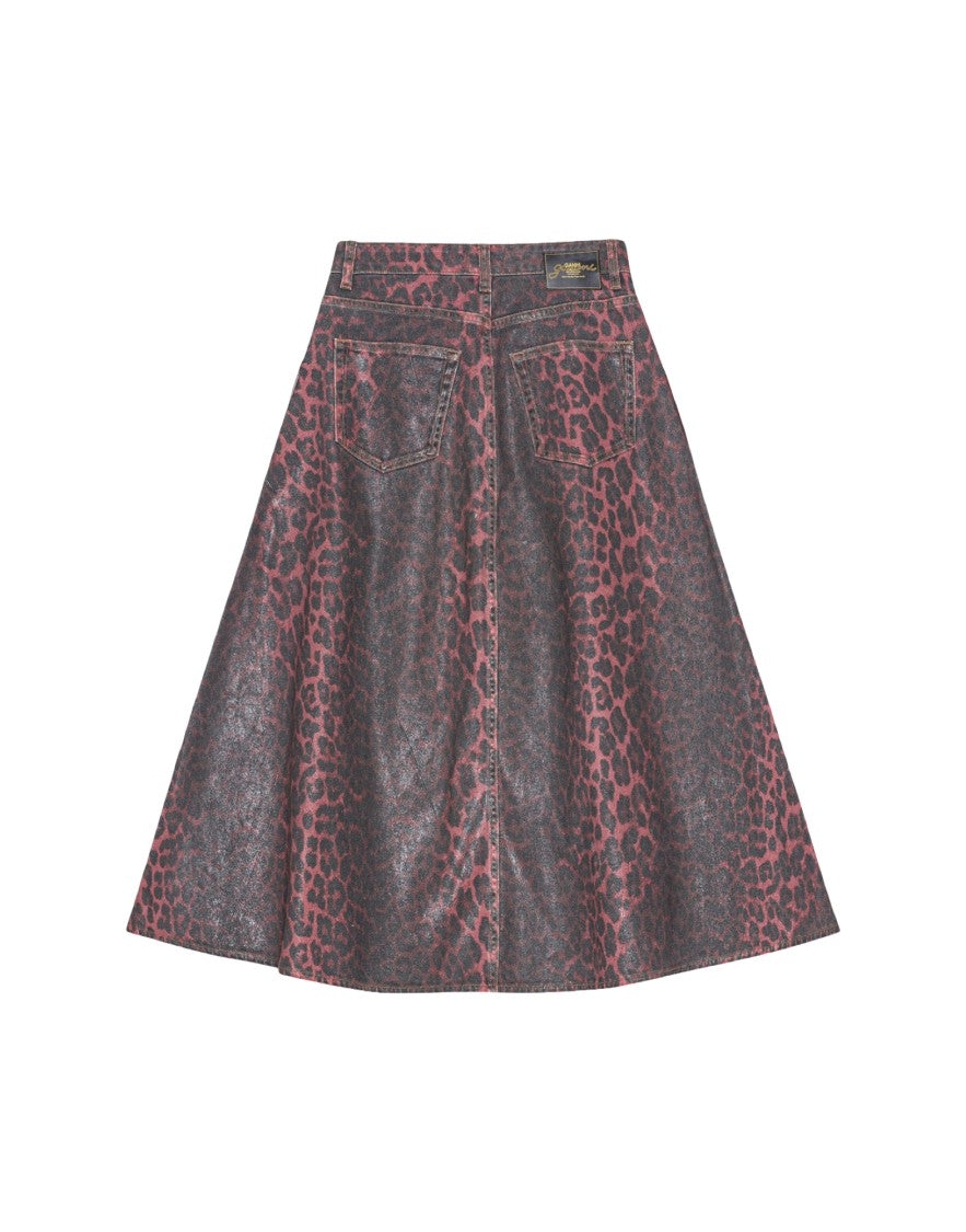 Ganni Leopard Print Foil Denim Midi Skirt