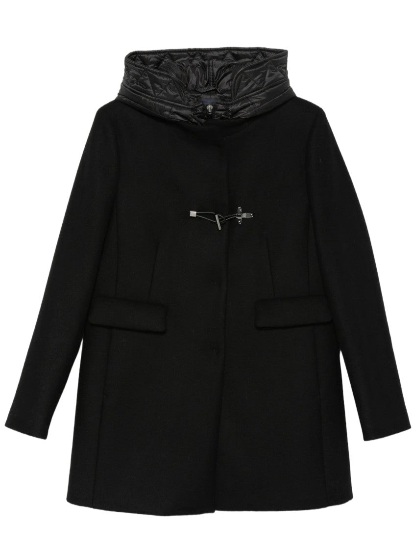 Fay Mid-Length Black Coat With Quilted Collar And Toggle Closure