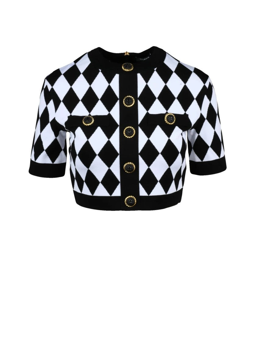 Balmain Diamond Checkered Cropped Top With Gold Button Detail
