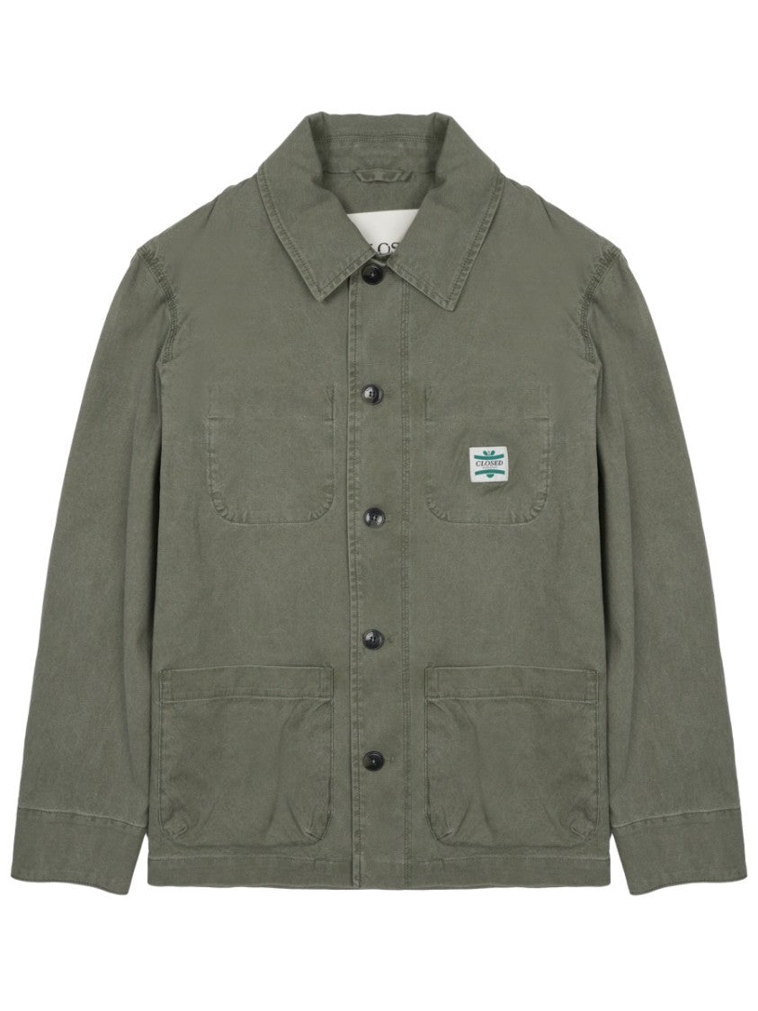 Closed Button-Up Green Cotton Sports Jacket With Structured Collar