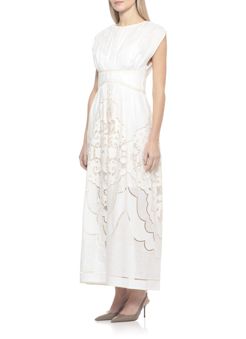 Zimmermann Ivory Linen Midi Dress With Lace Hem Details