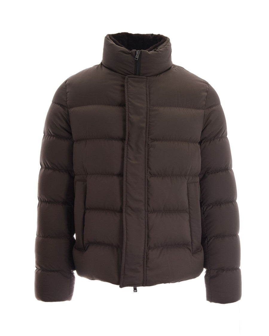 Herno Dark Taupe Quilted Zip-Up Polyester Bomber Jacket