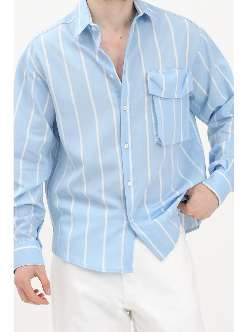 Yes London Light Blue Viscose Cotton Men Shirt