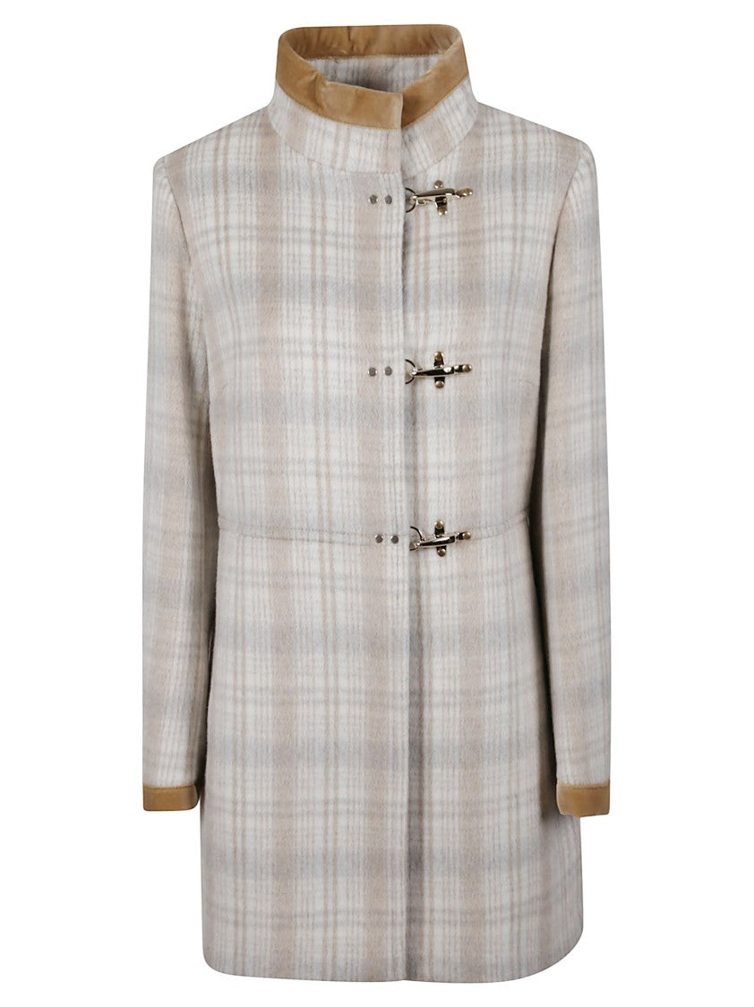 Fay Short Cream And Beige Plaid Coat