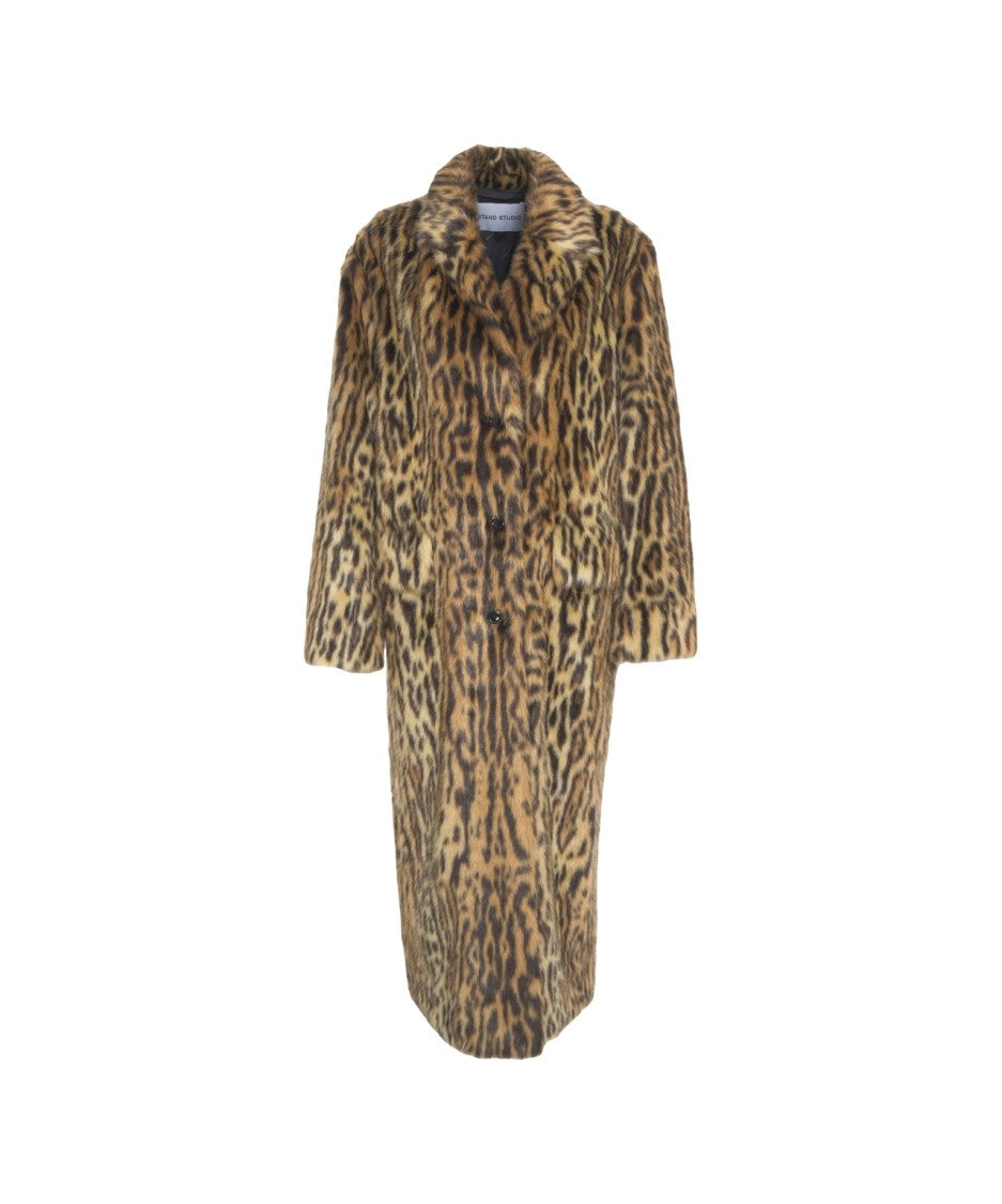 Stand Studio Leopard Print Long Faux Fur Coat