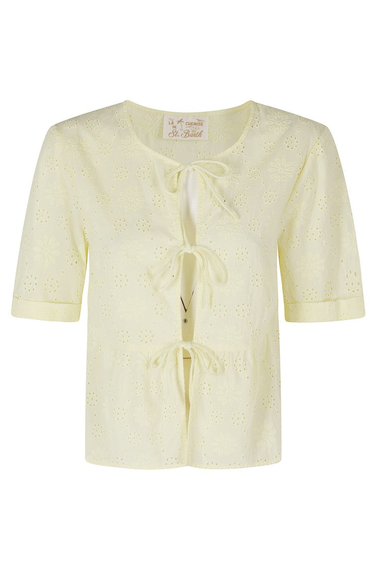 Mc2 Saint Barth Yellow Alyson Sangallo Lace Ruffled Hem Cotton Top