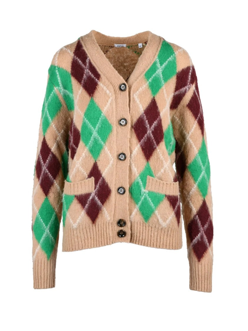 Aspesi Beige/Green Argyle Pattern V-Neck Wool Cardigan