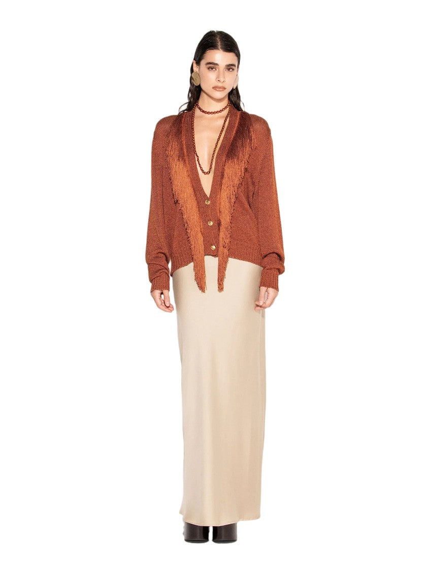 Akep Viscose-Cotton Rayon Deep V-Neck Fringe Cardigan
