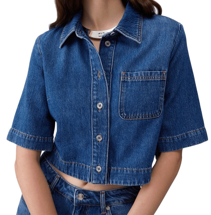 Liu Jo Boxy Cropped Denim Shirt With Logo Patch