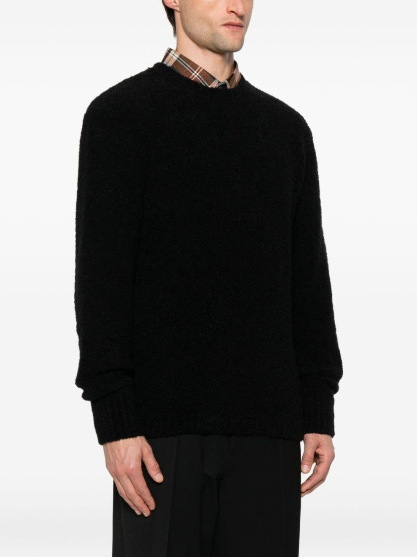 Seven Gauge Textured Black Crewneck Sweater With Relaxed Fit