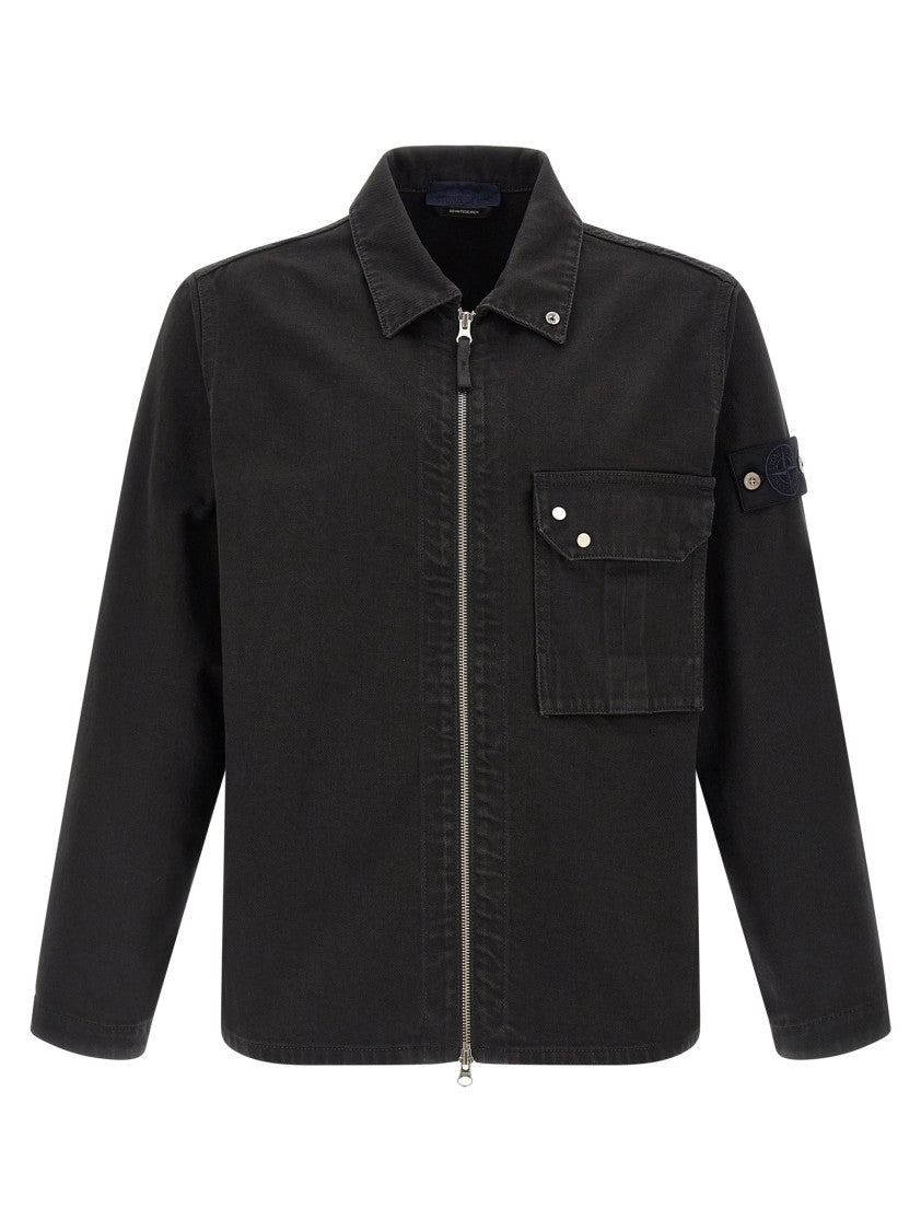 Stone Island Structured Black Denim Overshirt With Zip Closure