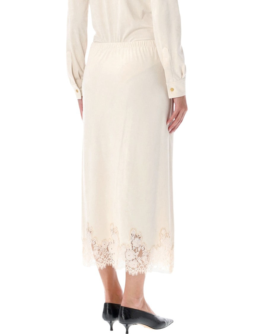 Alberta Ferretti Velvet Lace-Trim Midi Skirt