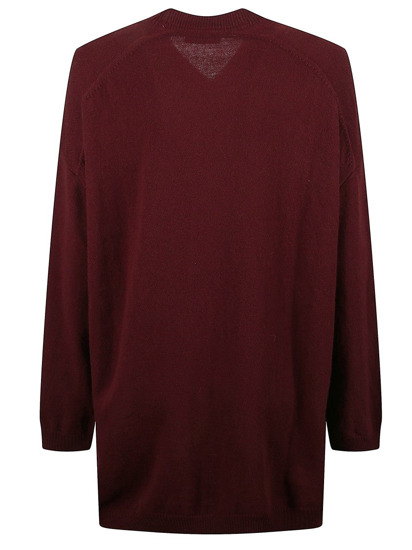 Bite Studios Oversized Burgundy Wool V-Neck Sweater With Ribbed Finishes