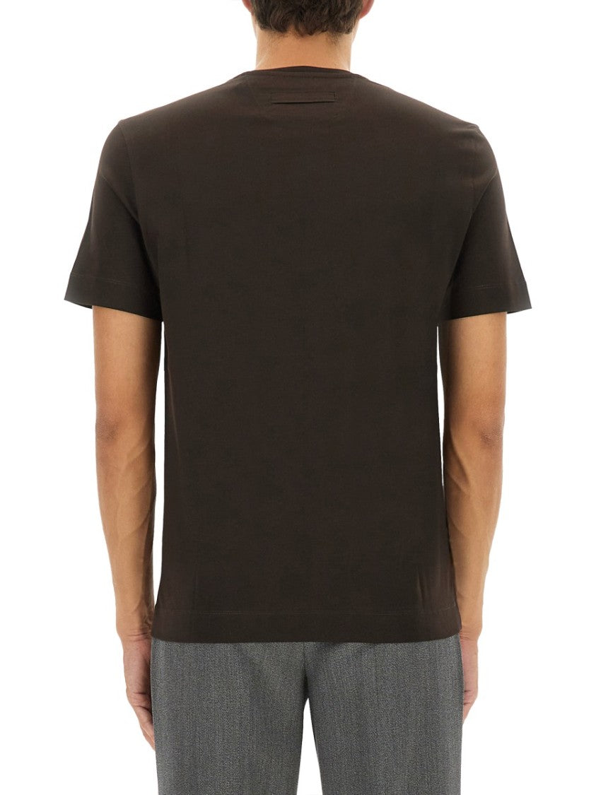 Zegna Minimalist Crew Neck T-Shirt In Dark Brown Cotton