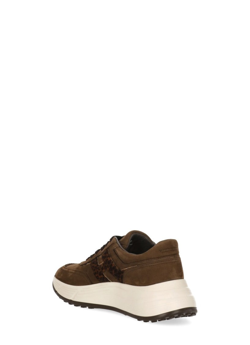 Hogan Brown Leather Sneakers With Leopard Pony Accents