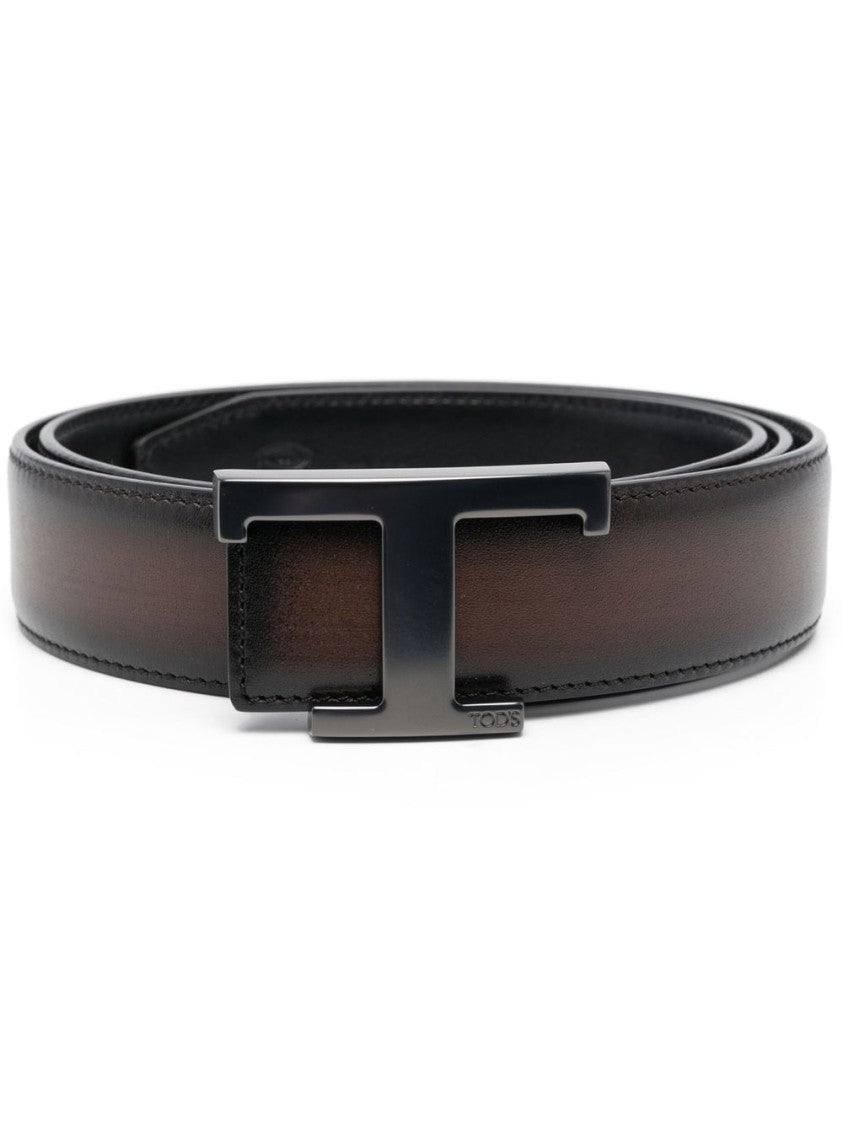 Tod's Brown Leather Belt With Prominent Logo Buckle