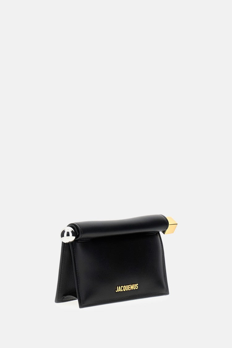 Jacquemus Calfskin Leather Clutch With Gold Accents And Removable Chain Strap