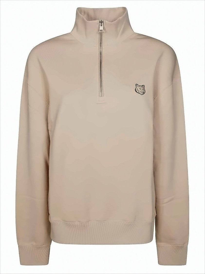 Maison Kitsuné Long-Sleeve Half-Zip Pullover With Emblem And Ribbed Cuffs