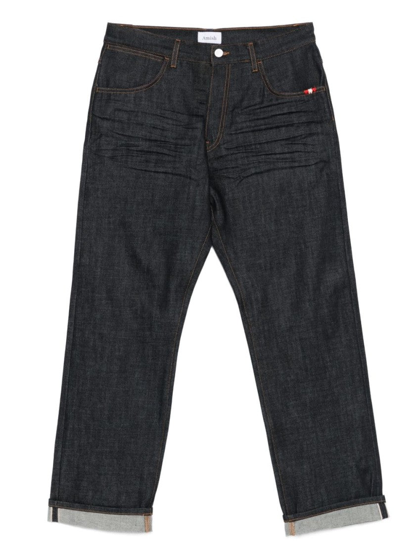Amish Dark Blue Denim Jeans With Cuffed Hems