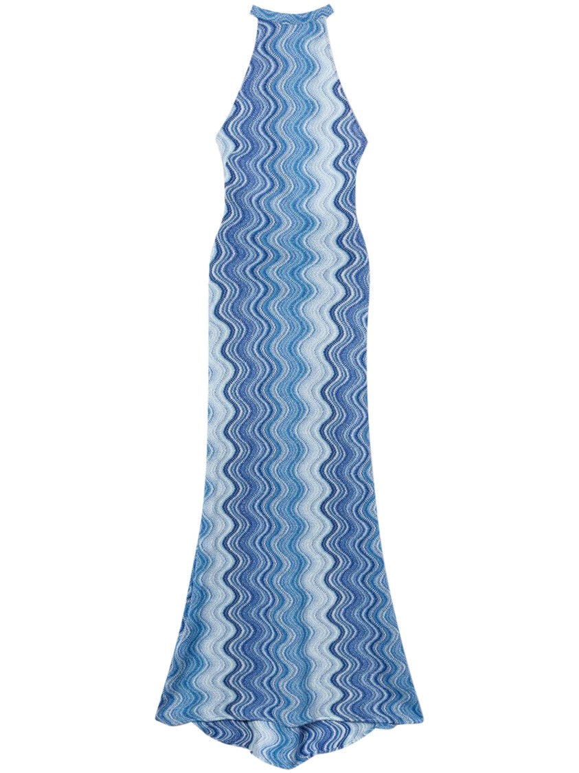 Mc2 Saint Barth Halter Neck Maxi Dress With Wavy Abstract Pattern