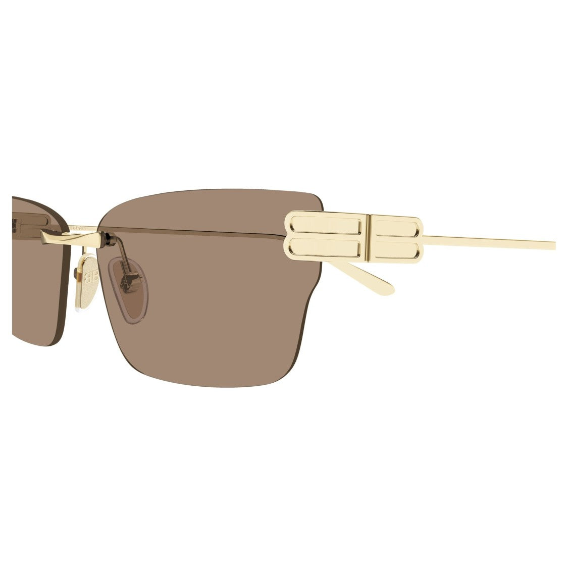 Balenciaga Rimless Gold Metal Sunglasses With Rectangular Brown Lenses