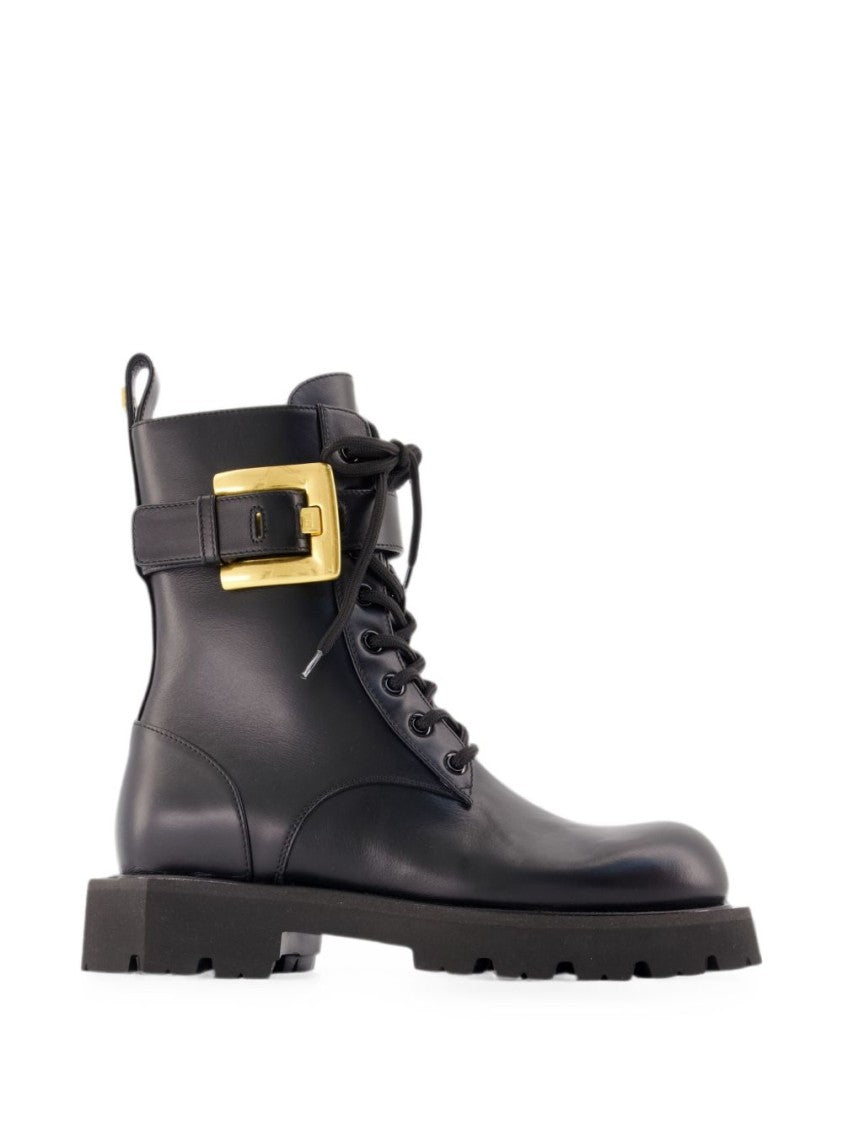 Balmain Structured Black Leather Boots With Bold Gold Buckle