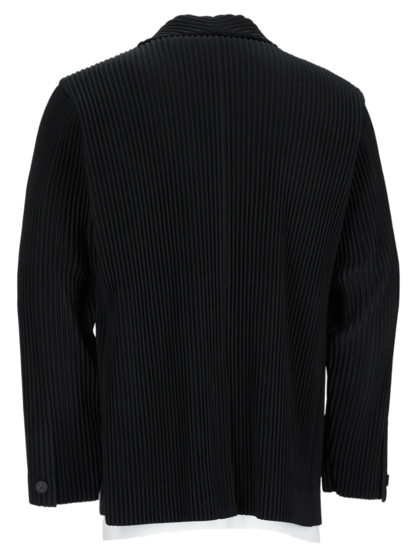 Homme Plissé Issey Miyake Structured Black Jacket With Classic Lapel And Pleated Texture