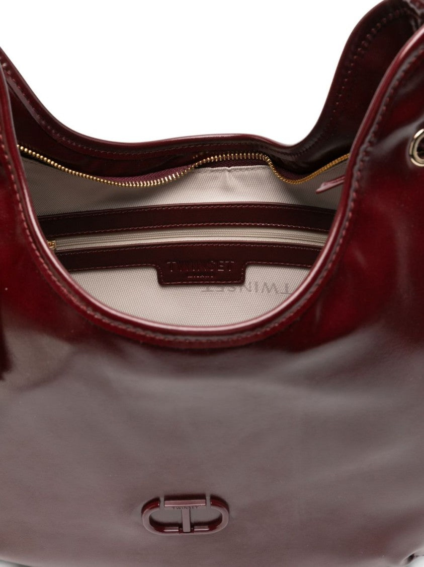 Twin-Set Medium Burgundy Handbag With Drawstring Details And Embossed Logo