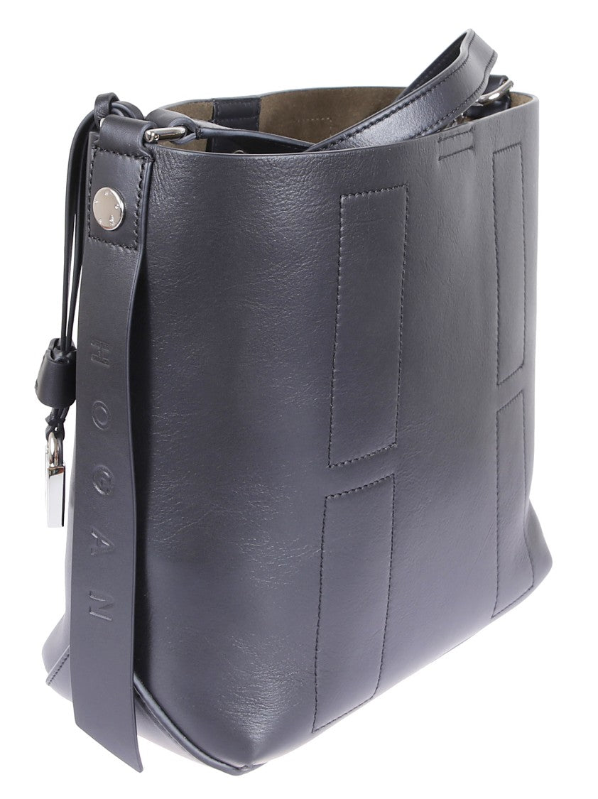Hogan Structured Black Leather Hobo Bag