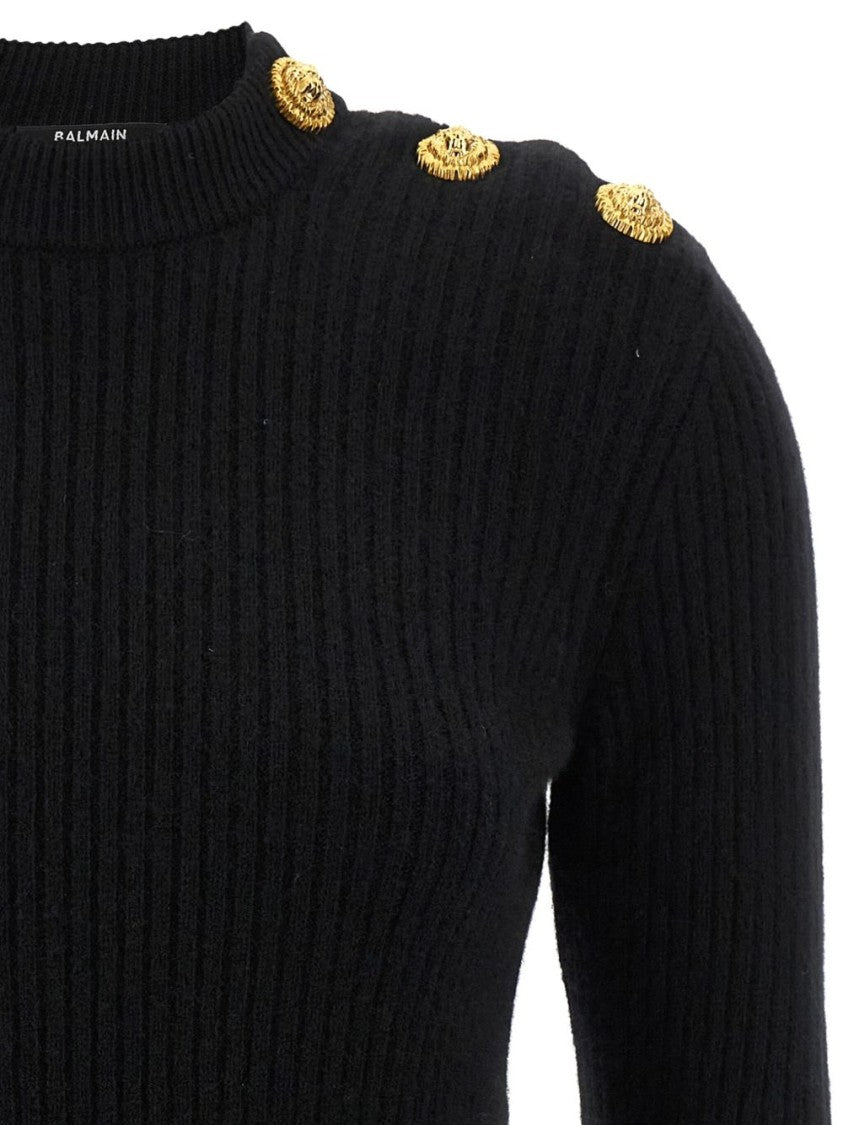 Balmain Black Ribbed Lion Head Button Sweater