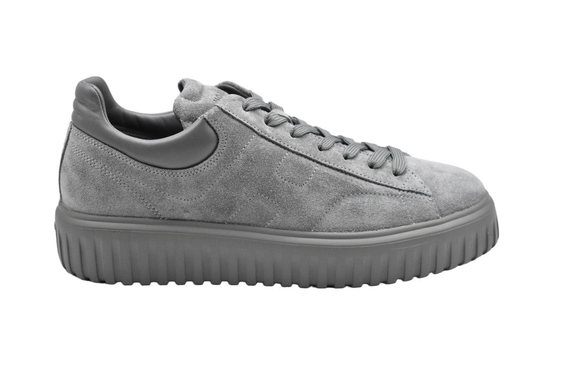 Hogan Monochromatic Grey Suede H-Stripes Sneakers