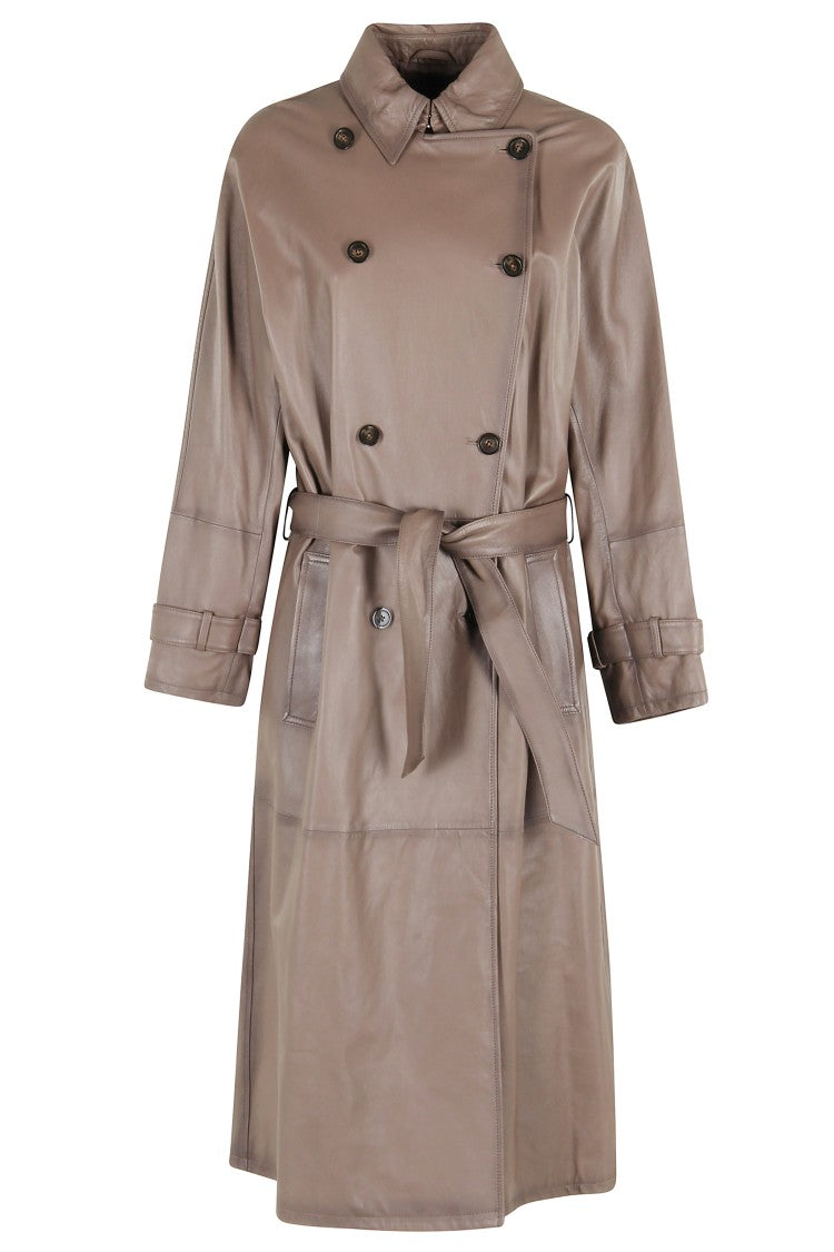 Emporio Armani Beige Double-Breasted Leather Trench Coat