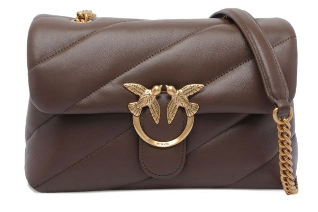 Pinko Quilted Brown Handbag With Gold-Tone Bird Clasp