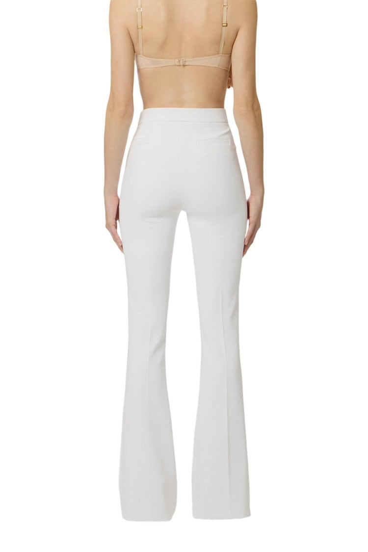 Elisabetta Franchi Ivory High-Waisted Gold Side Buckle Polyester-Blend Flared Pants